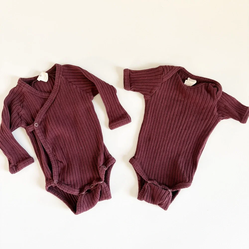 Kate Quinn Baby Girls Bundle Ribbed Organic Cotton Kimono Bodysuit Set Plum 0-3M